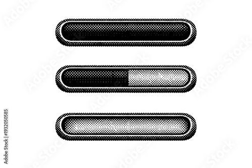 Indie game health bar UI element shown as full, half, and empty states as a single object set. Black and white dot style with halftone texture and high