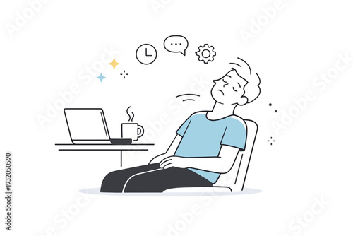 Digital fatigue visuals. Person leaning back in a chair away from a laptop, shoulders relaxed but expression drained. Pause moment showing emotional and