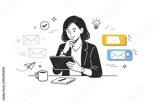 Email inbox zero workflows. Thoughtful professional reviewing and prioritizing emails on a tablet, important messages highlighted while others fade away.