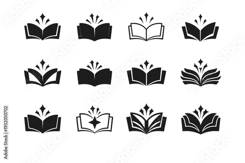 Discovery. Icon set. Set Logo of discovery: open book spark. harmonious logo variations of the same emblematic concept, each with different artistic
