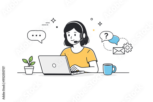 Remote call center operator. A support agent works from home with a laptop and headset, blending comfort with professionalism. The illustration suggests