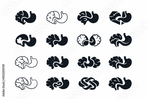 The connection between the brain and gut. Icon set. Set Logo of The connection between the brain and gut: brain and stomach link. harmonious logo variations of