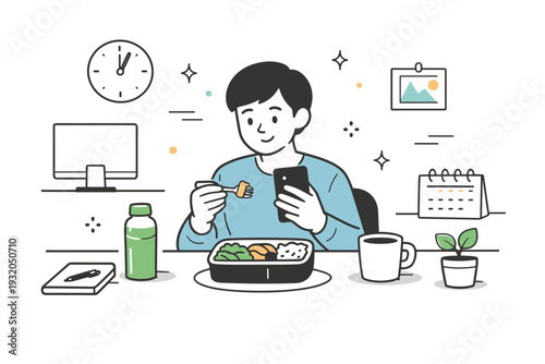Office lunch break. A person eating lunch alone at a desk, scrolling a phone and enjoying a quiet moment away from work tasks. Peaceful and reflective mood
