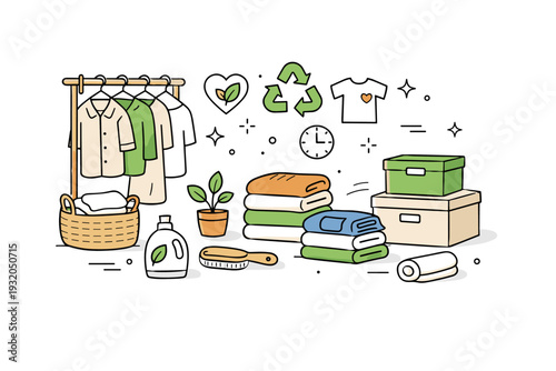 Sustainable fashion care routines. Clean wardrobe organization scene with folded garments, storage boxes, and eco symbols. Organized mindful living with focus