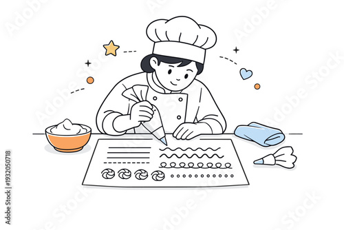 Pastry decoration details. A pastry chef practices decorative patterns on parchment paper. Quiet learning moment with repeated lines and dots. Minimalist flat