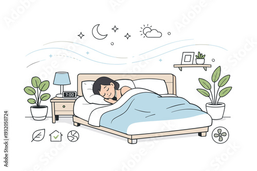 Indoor air quality awareness visuals. A calm bedroom scene with fresh bedding, plants, and subtle air circulation lines. Peaceful rest, wellness, and clean air
