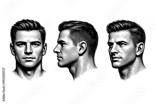 Pop art halftone male portrait A male head portrait object shown in three views including frontal view, side view, and three-quarter angle view. Black and