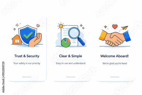 Welcome screens for mobile apps presenting brand value and core benefits at first contact. A clean and optimistic visual metaphor of trust, clarity, and