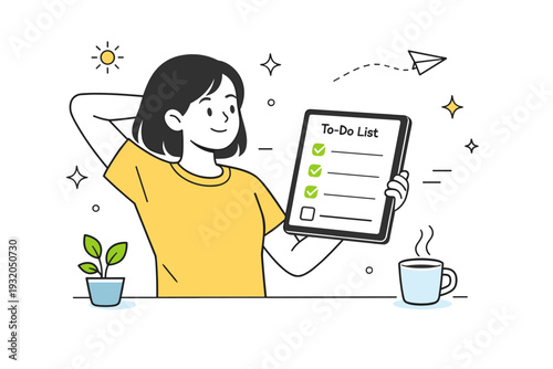 Starting workday. A character checking a simple to-do list on a tablet while stretching slightly. Fresh start feeling, light productivity and organized