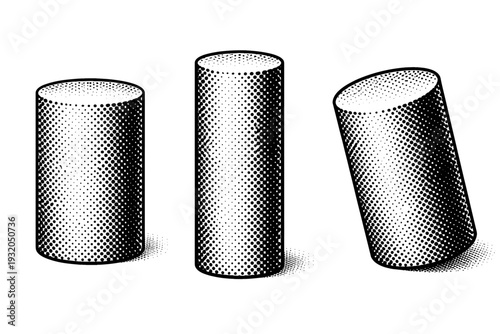 Geometric dot gradient cylinder A single geometric cylinder element shown in three views including front view, side view, and three-quarter view. Black and