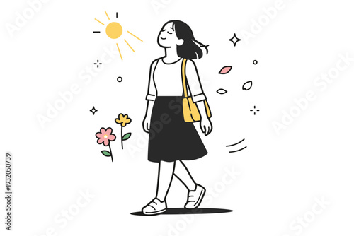 Women standing in spring sunlight. A woman pauses mid-walk, standing still as sunlight reaches her face and shoulders. Quiet appreciation of changing season.