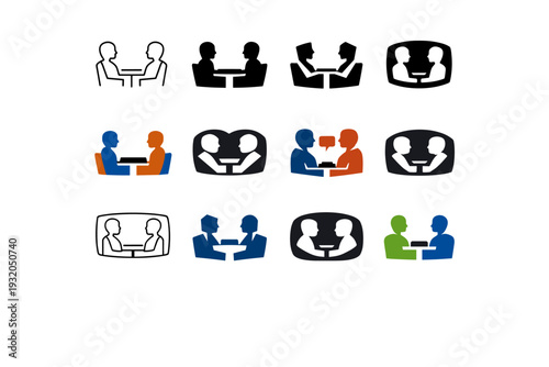 Interview formats on television. Icon set. Set Logo of Interview formats on television: host and guest facing each other. harmonious logo variations of the