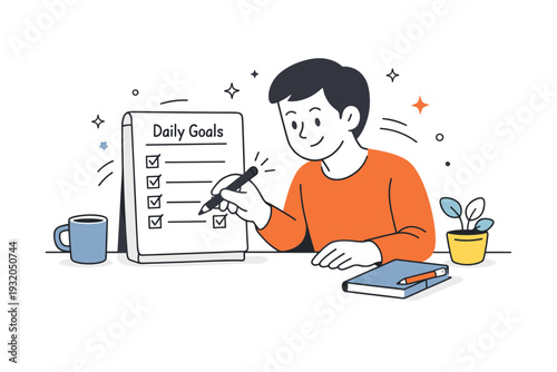 Daily goal-setting checklists. A calm work moment where a person ticks off the final task on a daily list, showing satisfaction and completion. Gentle motion
