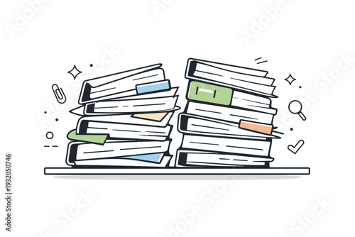 Stacks slightly leaning. Collection of papers or folders resting unevenly on a shelf, edges peeking out irregularly. Subtle editorial realism showing use over