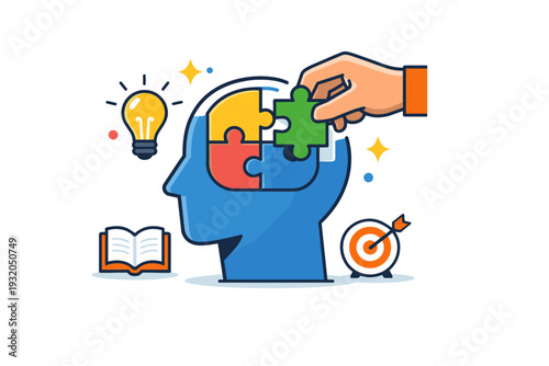 Puzzle and problem solving as a symbol of learning and intellectual growth. A confident editorial illustration showing understanding achieved through simple