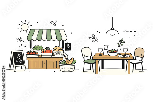 Farmers market to table. A simple market stand with fresh produce paired visually with a minimal dining setup, relaxed and inviting atmosphere. The