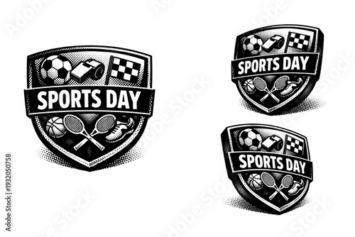 School event badge ? sports day emblem. A shield-shaped sports day badge presented as one object in three different views emphasizing bold geometry and