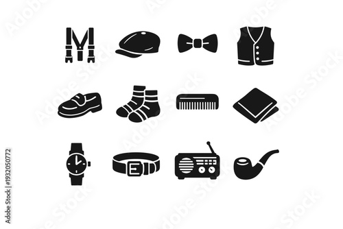 Classic Grandpa Style. Solid icon set of Classic Grandpa Style: suspenders, flat cap hat, bow tie, cardigan vest, loafers shoes, striped socks, pocket comb,