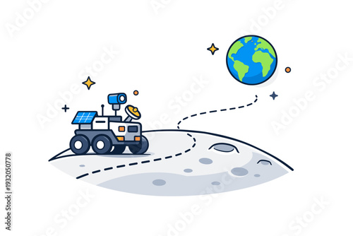 Moon rover space mission journey illustrating careful navigation in an extreme environment. A focused scene with a rover moving across curved lunar terrain,