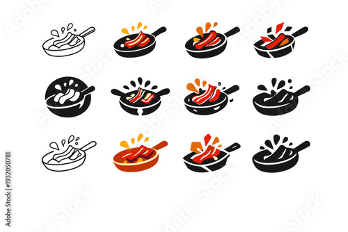 Bacon fat on a pan. Icon set. Set Logo of Bacon fat on a pan: grease splatter. harmonious logo variations of the same emblematic concept, each with different