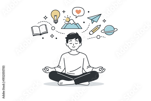 Creative mindset. A calm character sitting with an open posture, ideas softly forming above. Peaceful inner focus and imagination. Minimalist flat vector