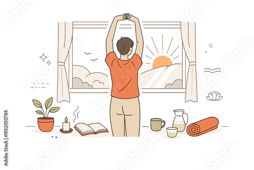 Mindful morning routine without screens. A calm editorial scene of a person stretching near a window in the morning light, no digital devices around. The mood