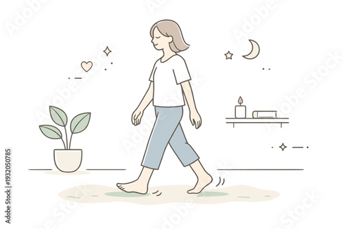 Slow walking scenes. Person walking barefoot indoors or on a soft surface, arms hanging gently. Simple sensory presence and slowness as self-care. Minimalist