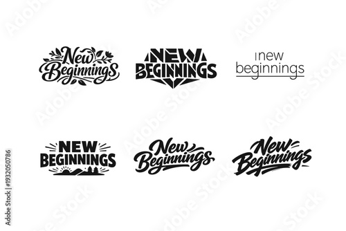 New Beginnings. Set lettering. harmonious lettering variations of the same emblematic concept, each with different artistic interpretation (Decorative floral