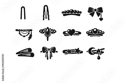 Hairpin Styles. Solid icon set of Hairpin Styles: minimalist hairpin, modern hairpin, classic hairpin, retro hairpin, boho hairpin, elegant hairpin, cute