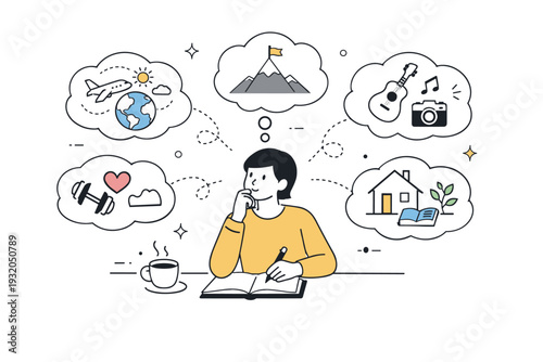 Intentional life choices. A thoughtful scene of a person reflecting or planning their life path, with simple icons representing travel, hobbies, or personal