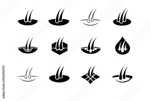 Scalp treatment session. Icon set. Set Logo of Scalp treatment session: scalp with hair follicles. harmonious logo variations of the same emblematic concept,