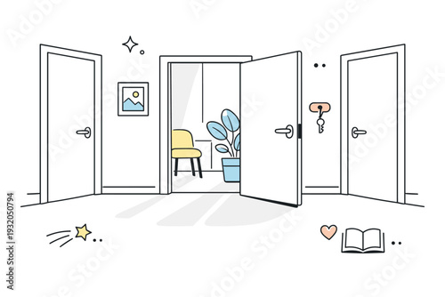 Hallways between rooms. Hallway with one open door revealing a hint of interior, soft shadows on the floor. Scene of everyday architecture holding possibility,