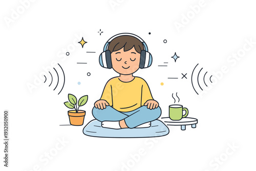 Autism-friendly environment. Person using noise-canceling headphones in a calm, uncluttered space. Feeling of comfort and sensory support, soft sound wave