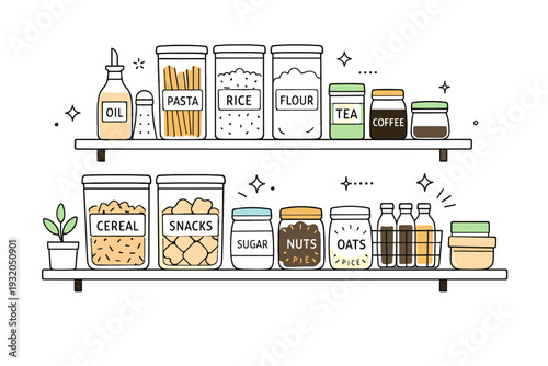 Minimalist home organization systems. A calm pantry organization scene with jars, containers and labels aligned on shelves, focus on simplicity, functionality