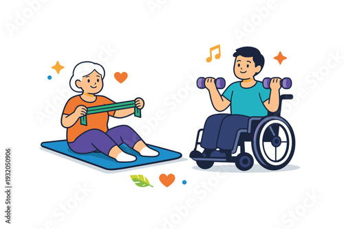 Gentle fitness low impact exercise focusing on accessibility, visualized with simple props like a mat or resistance band used in a calm friendly way.