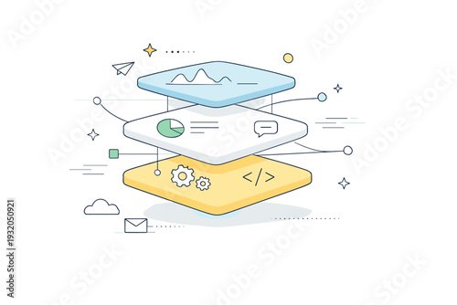 Ambient computing backgrounds. Floating geometric layers softly connected by lines, subtle motion suggesting continuous computation, balanced and meditative