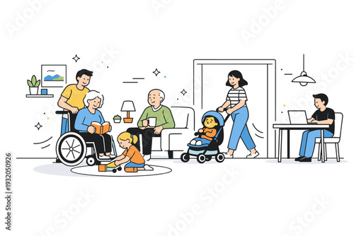 Accessible shared living space. A bright editorial interior showing barrier-free design elements like wide passages and simple furniture, with multiple