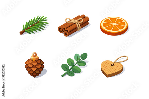 Natural decor. Isometric flat vector icons set of Natural decor: pine branch accent, cinnamon stick bundle, dried orange slice, pine cone ornament, eucalyptus