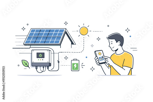 Home solar energy setup. A rooftop solar panel with a connected inverter, a person adjusting settings on a smartphone, abstract stars and dots accentuating