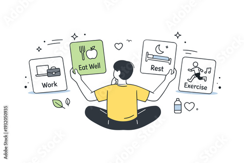 Energy management. A person choosing between activities represented as simple cards, prioritizing rest and essentials. The mood highlights pacing, intention