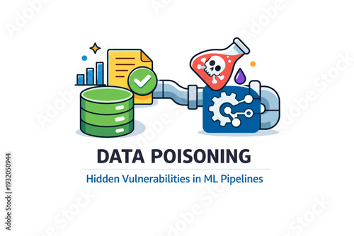 Data poisoning attack focused on hidden vulnerabilities inside machine learning pipelines. A clear editorial badge showing trusted data sources disrupted by a