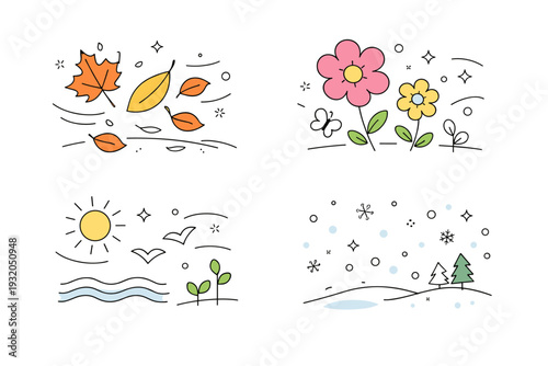 Seasonal nature backgrounds. Abstract editorial artwork showing symbolic seasonal elements like falling leaves, blooming shapes, and soft snow-like dots. Calm