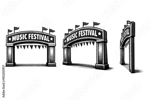 Outdoor festival entrance sign with bold lettering panel shown straight-on, angled perspective, and edge profile view as a single object set. Black and white