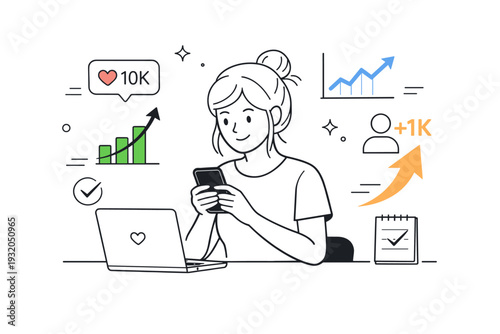 Influencer analytics and growth. Creator checking engagement stats on a phone or laptop, simple charts and upward arrows floating nearby. Progress tracking and