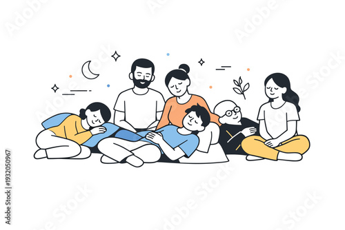 Collective rest. A small group of people resting together in a shared calm space, sitting or lying comfortably. Sense of community, safety, and shared slowing