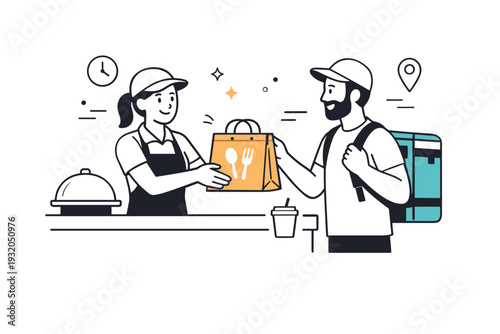 Courier pickup at restaurant. A friendly interaction where a courier receives a prepared food order from a restaurant counter, suggesting coordination and