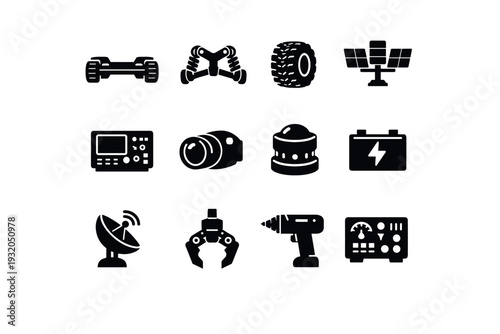 Space Rover Technology. Solid icon set of Space Rover Technology: rover chassis, suspension system, wheel tread, solar array, onboard computer, camera lens,