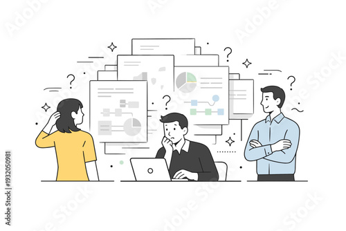 Organizational opacity. Employees facing layered documents and blurred charts, trying to understand unclear internal processes. A quiet sense of confusion and