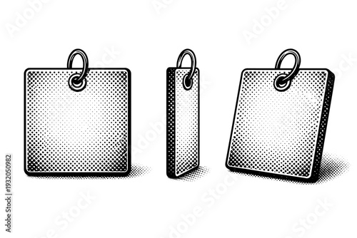 Halftone square price tag. A single square price tag shown in three views: front view, side view, and three-quarter view, highlighting balanced proportions,