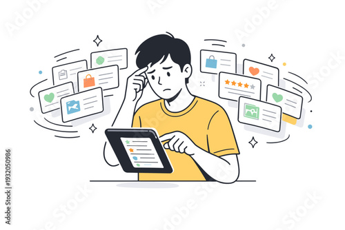 Too many choices scenes. A person scrolling through multiple options on a phone or tablet, stopping mid-gesture. Repeating cards and soft motion lines suggest